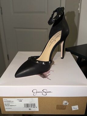 Jessica Simpson Black Studded Pointed-Toe Ankle-Strap Pump